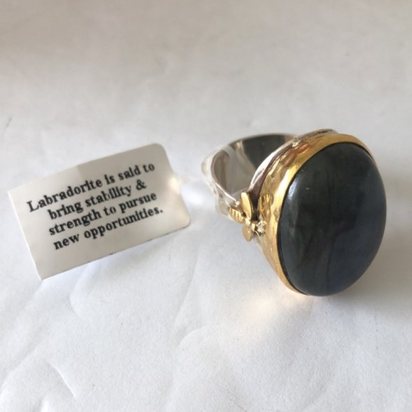 YS INDIA Oval Labradorite Bee Light Blue Ring sterling silver 925 & Brass sz.9 - Picture 9 of 16